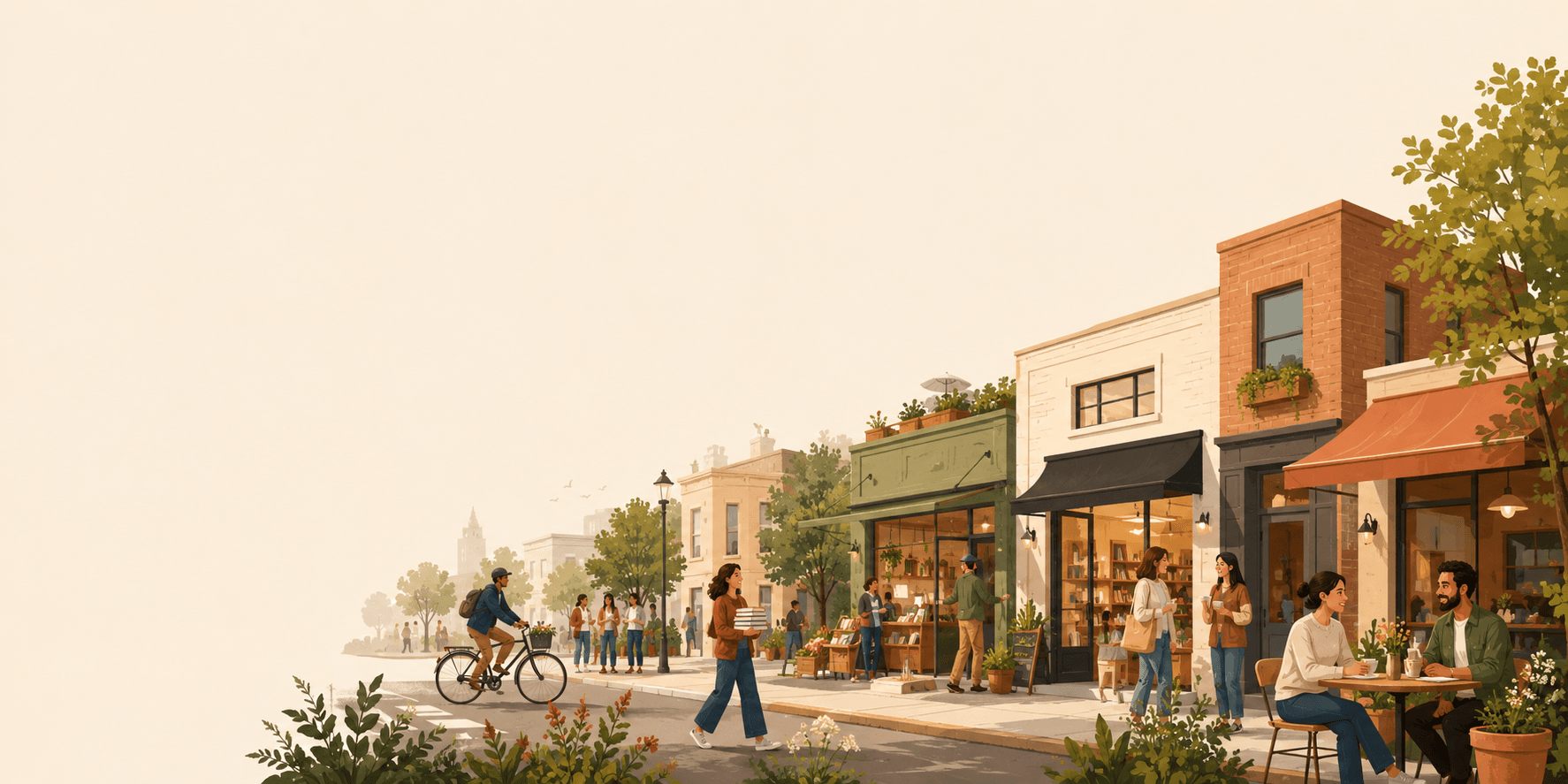 A vibrant neighborhood street full of local life