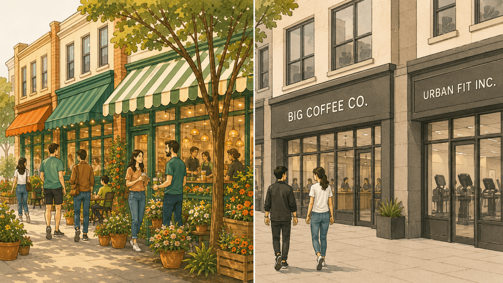 A neighborhood street split between independent local shops and chain businesses