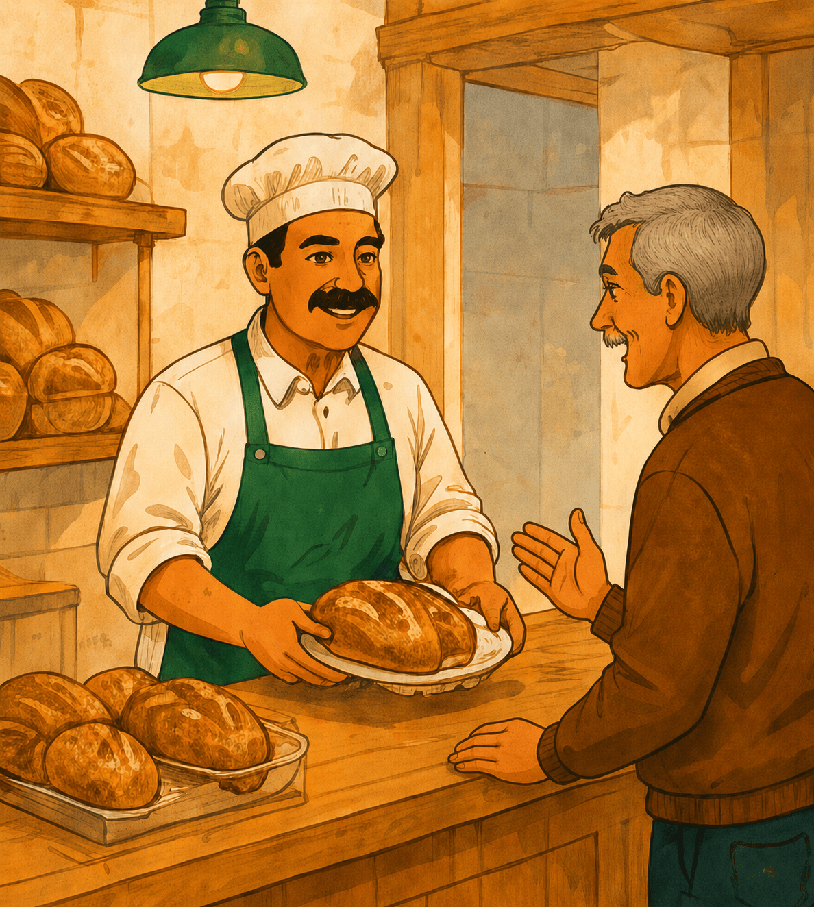 A baker proudly presenting fresh bread to a customer