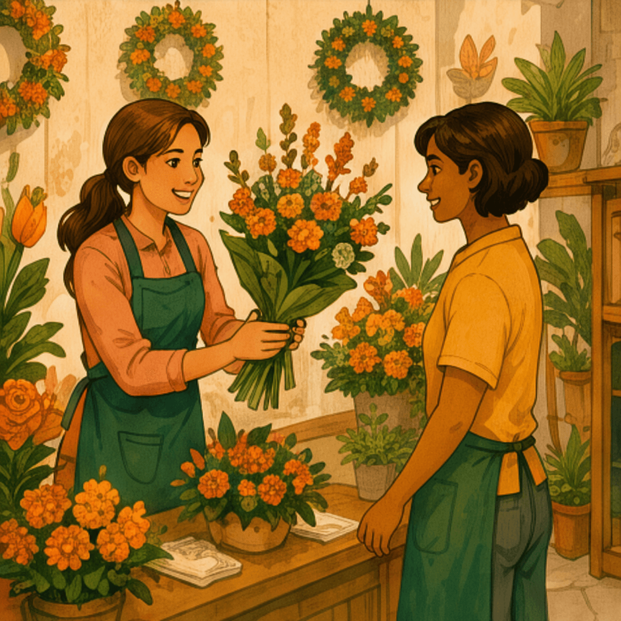 A florist handing a bouquet to a customer