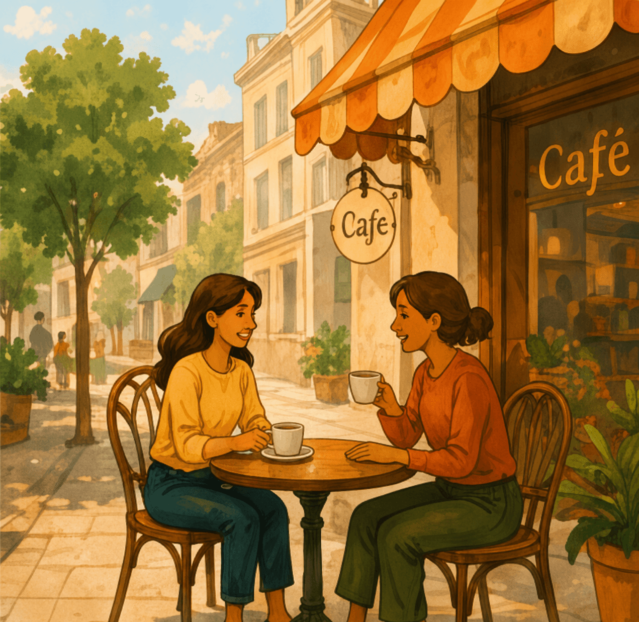 Two friends enjoying coffee at a neighborhood café