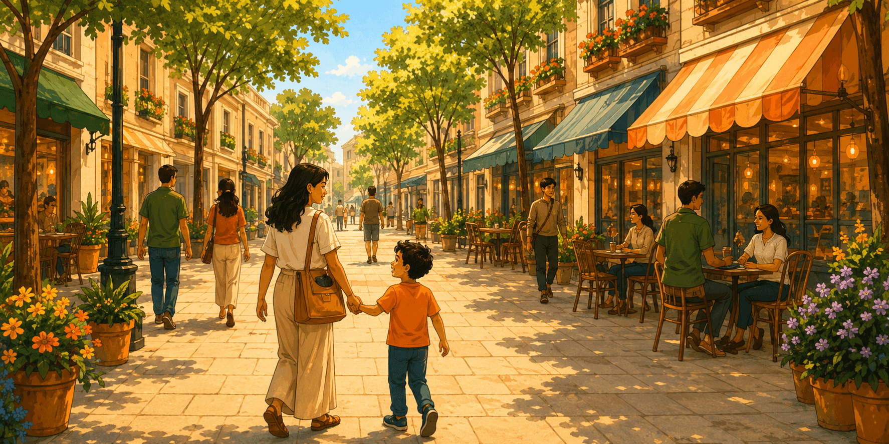 A vibrant neighborhood street scene with local shops