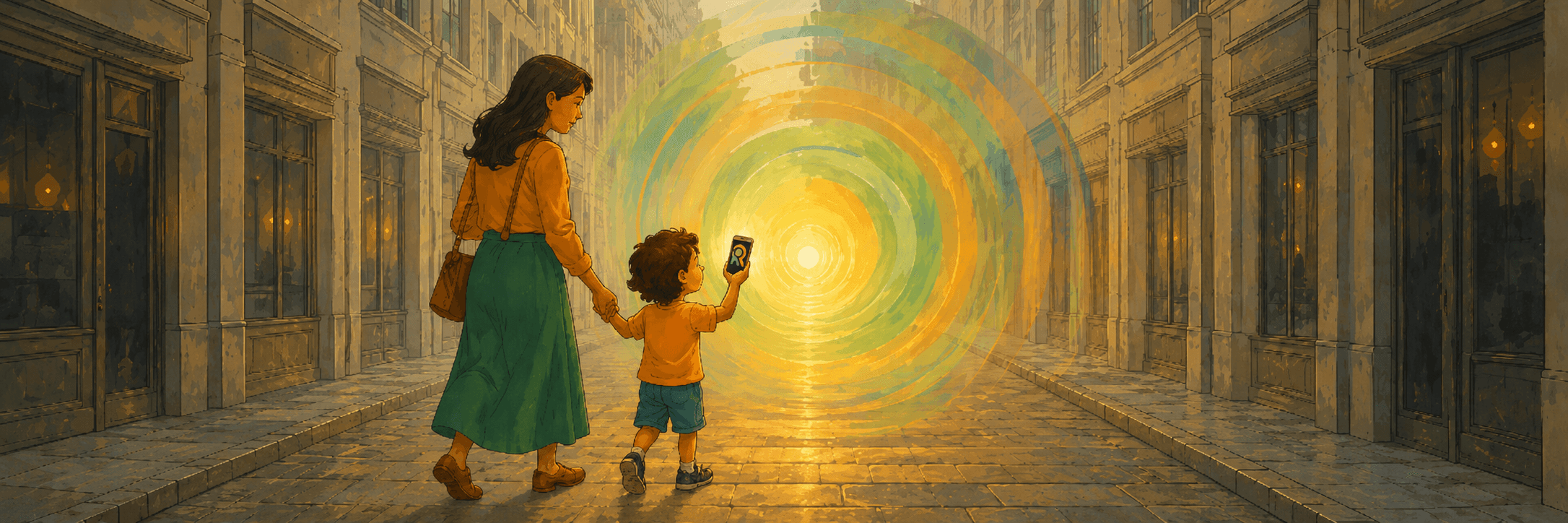 A parent and child walking through a neighborhood together