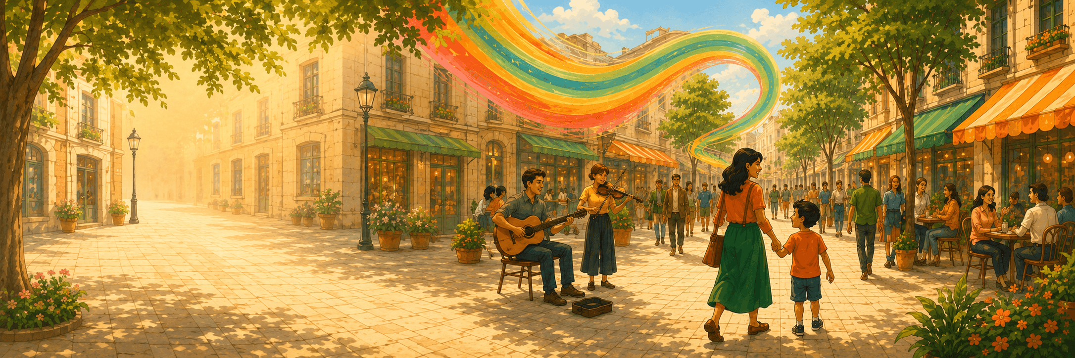 A lively neighborhood street with musicians, families, and local businesses