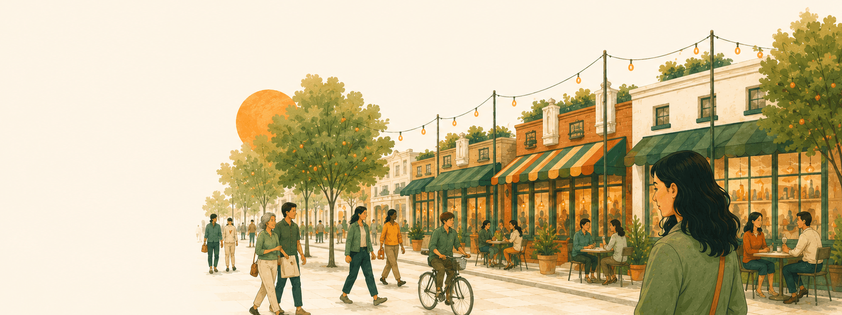 Locals enjoying a vibrant neighborhood with independent shops and cafés