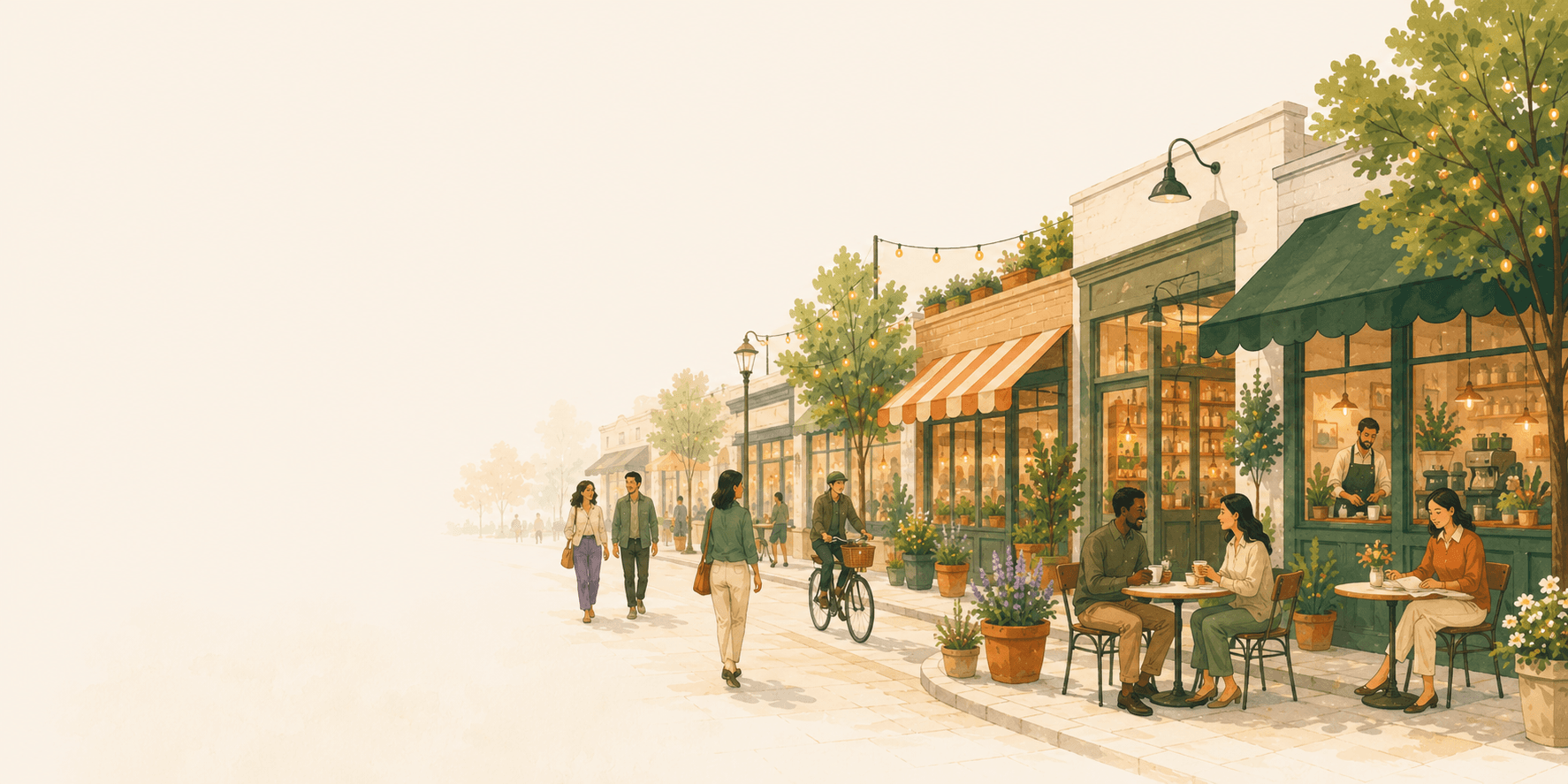 A lively neighborhood street with independent shops and locals
