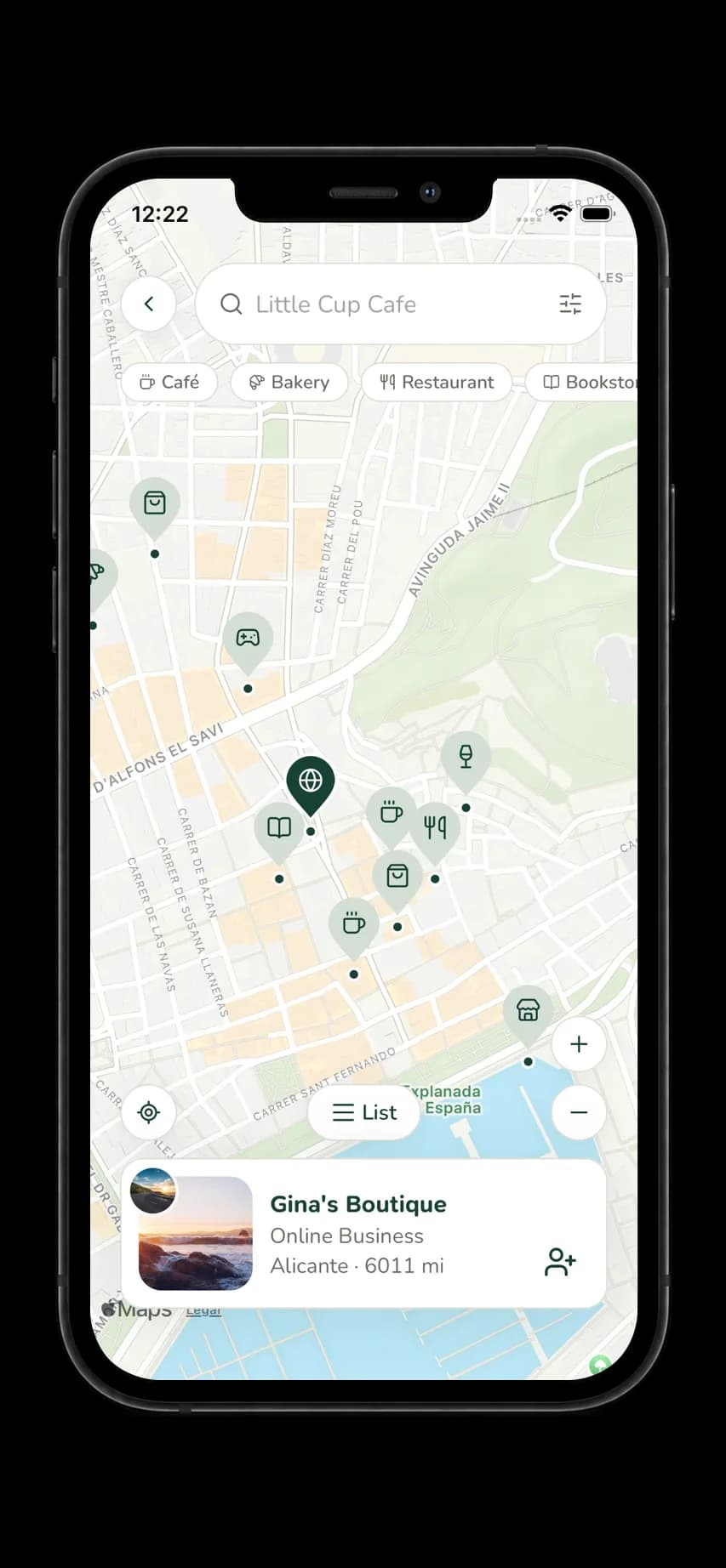 The Rambla app showing a map of nearby businesses with category filters and a business card at the bottom