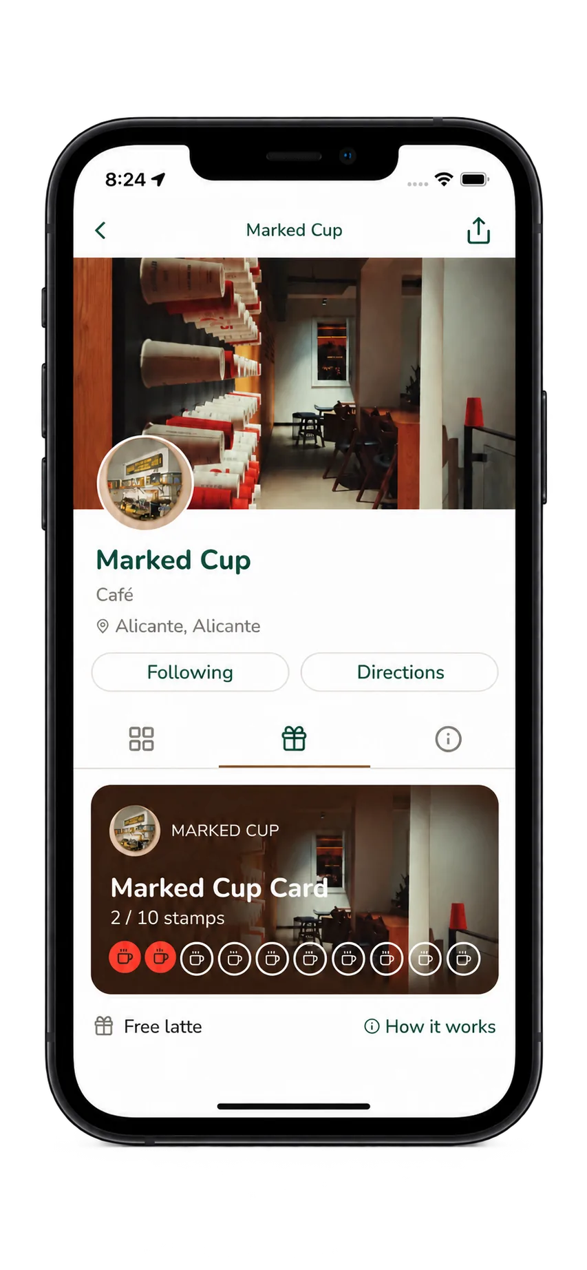 The Rambla app showing a café's stamp card with two of ten stamps collected and a free latte reward
