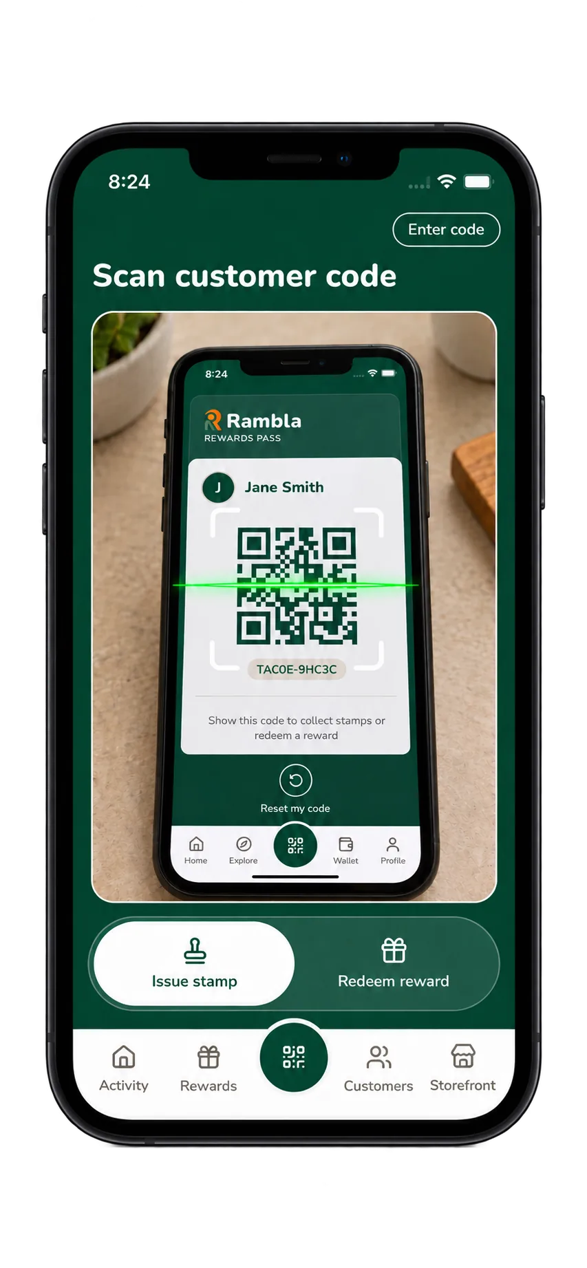 The Rambla app on a business's phone scanning a customer's rewards pass, with Issue stamp and Redeem reward buttons