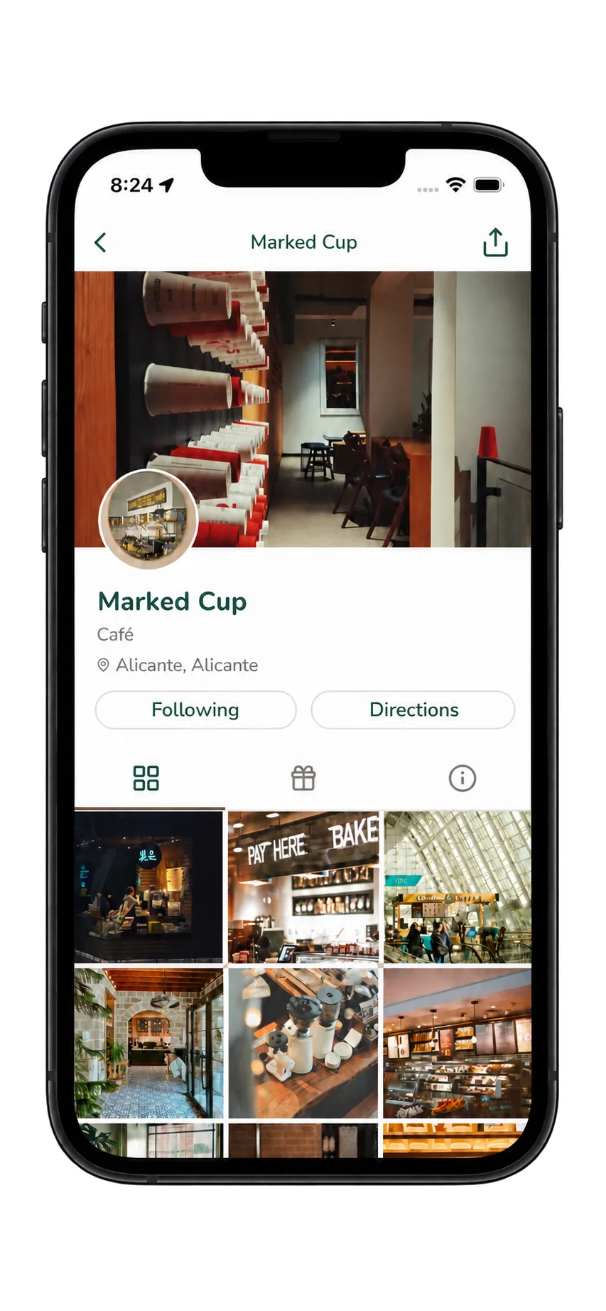 The Rambla app showing a café storefront profile with a Following button and a grid of photos